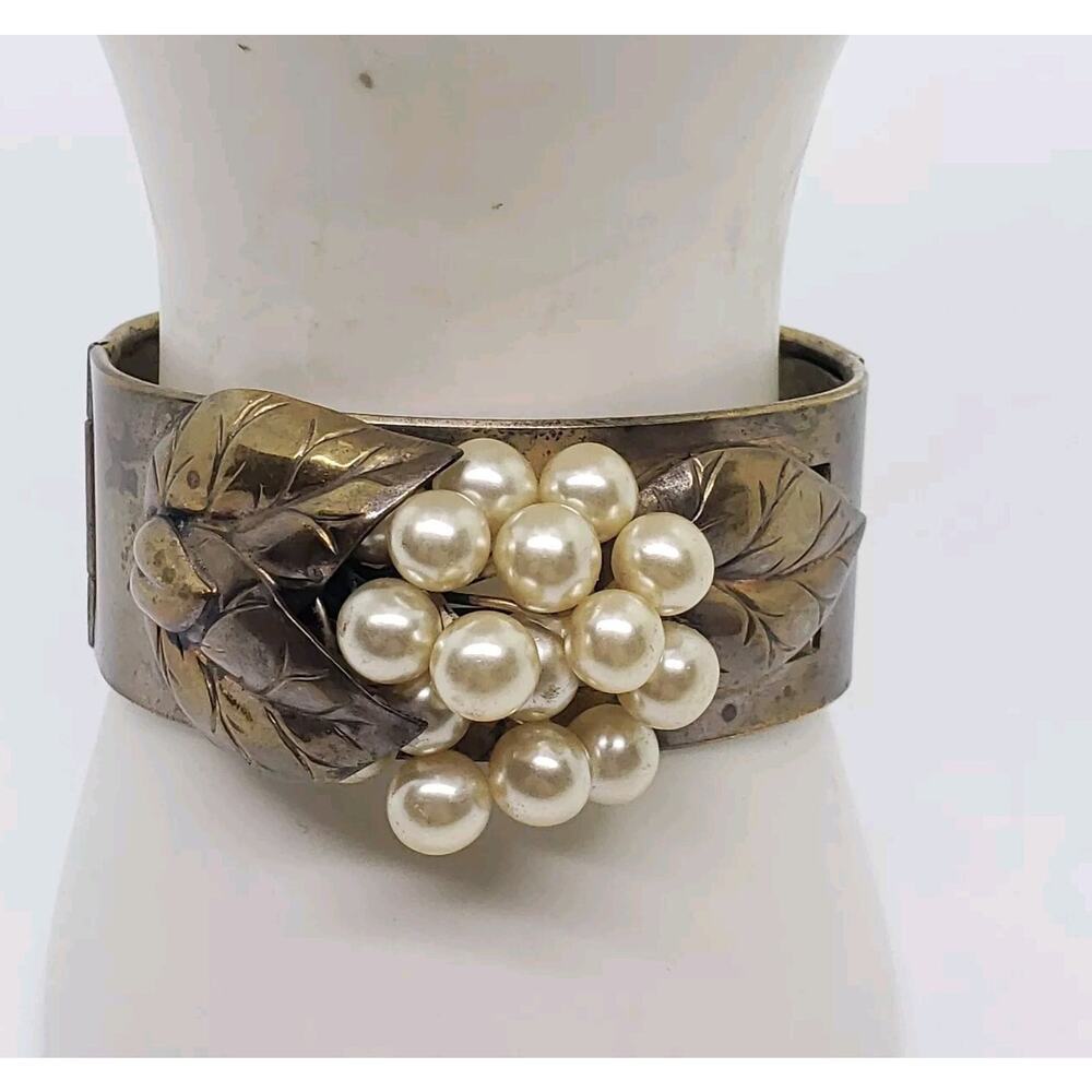 Antique Bracelet Faux Pearl Cluster Leaves Clamper Thick Rolled Copper Vintage